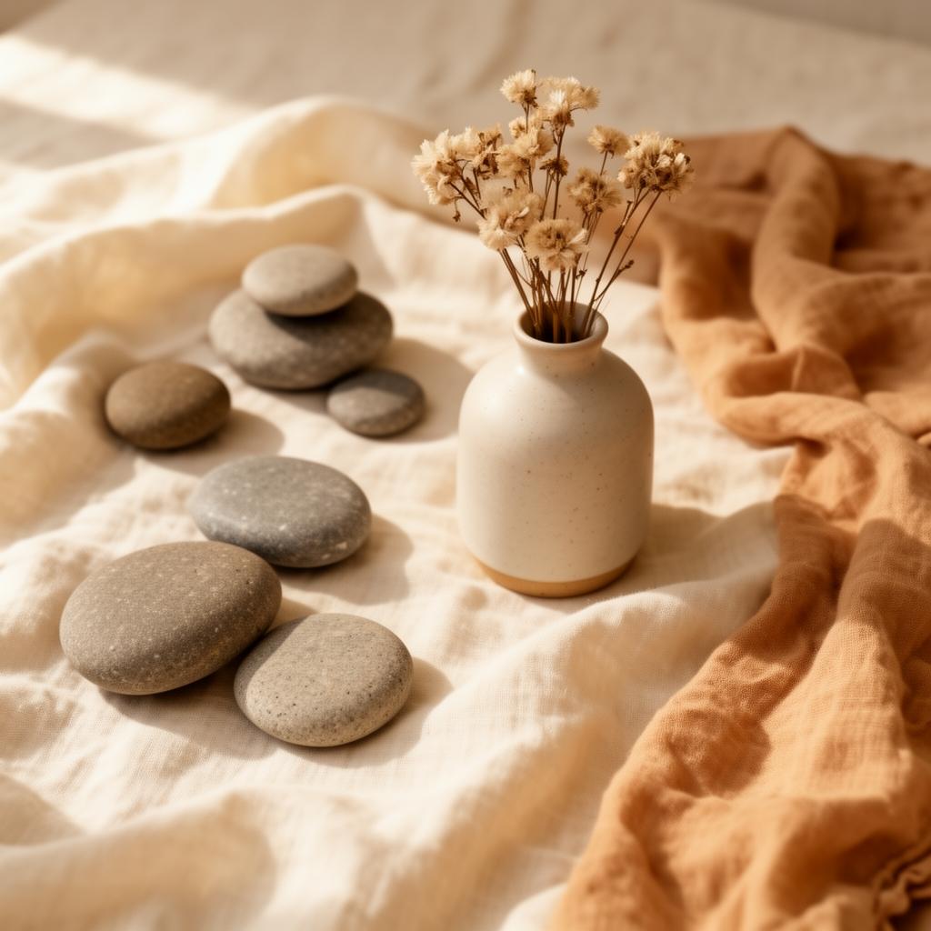 Flat lay wellness con elementos naturales y cerámica