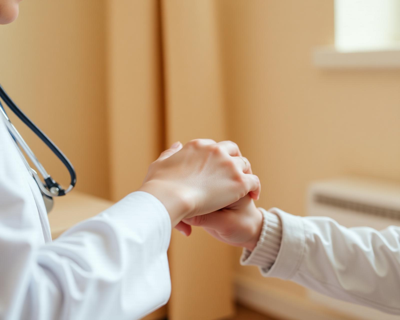 Manos de la doctora y paciente: acompañamiento cercano en consulta